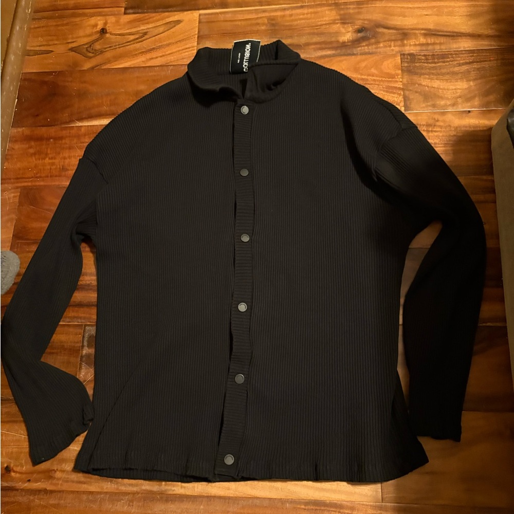Collusion Black Ribbed Button Front Cardigan Shirt Jacket L Minimalist (1101)
